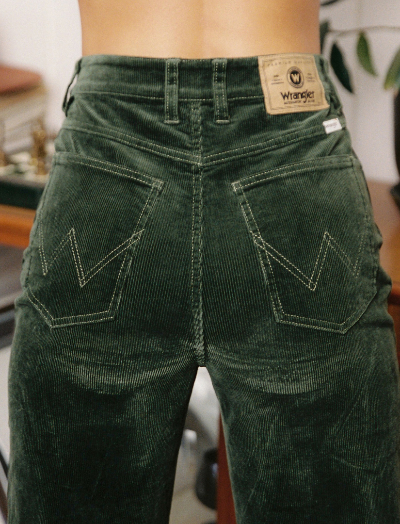 Wrangler green corduroy jeans detail from the Butts Drive Me Nutts campaign